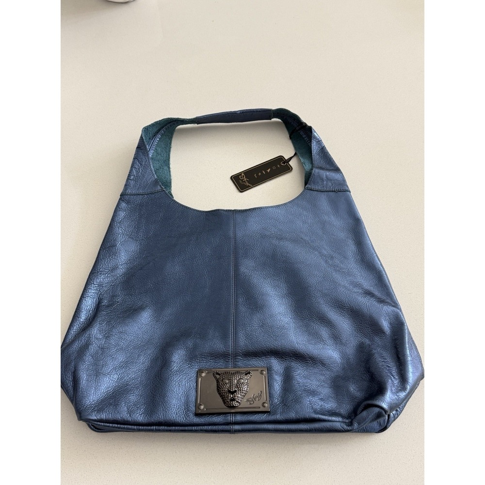 Sharif Legacy Pearlized Slouchy Leather Hobo with Wristlet Metallic Blue NWT